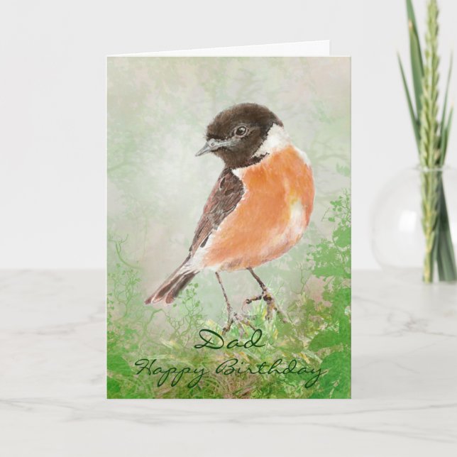 Watercolor Stonechat   Bird Happy Birthday Dad Card (Front)