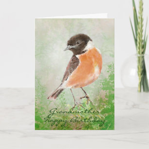 Watercolor Stonechat Bird Happy Birthday Grandma Card