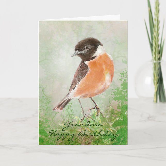 Watercolor Stonechat  Bird Happy Birthday Grandma Card (Front)