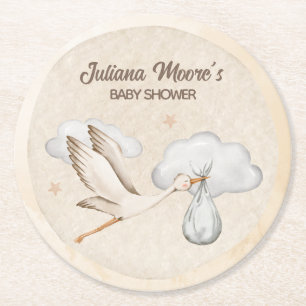 Watercolor Stork Baby Shower Round Paper Coaster
