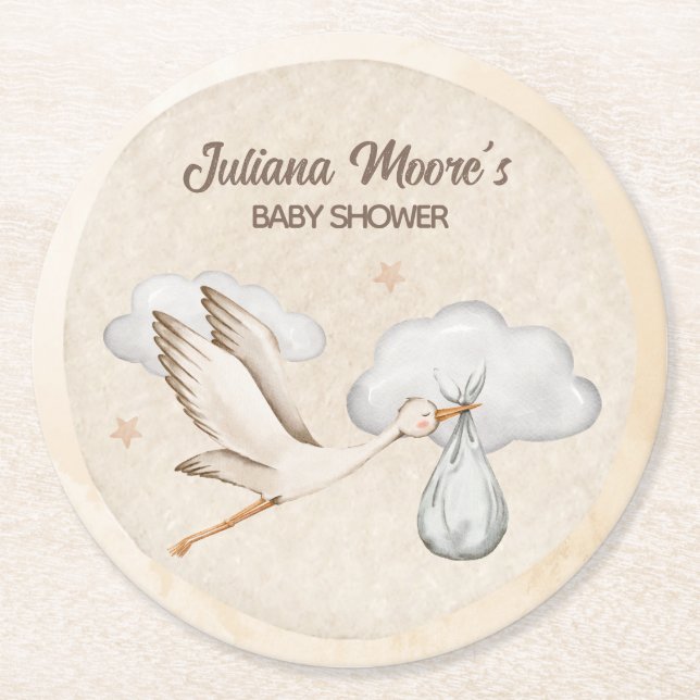 Watercolor Stork Baby Shower Round Paper Coaster (Front)