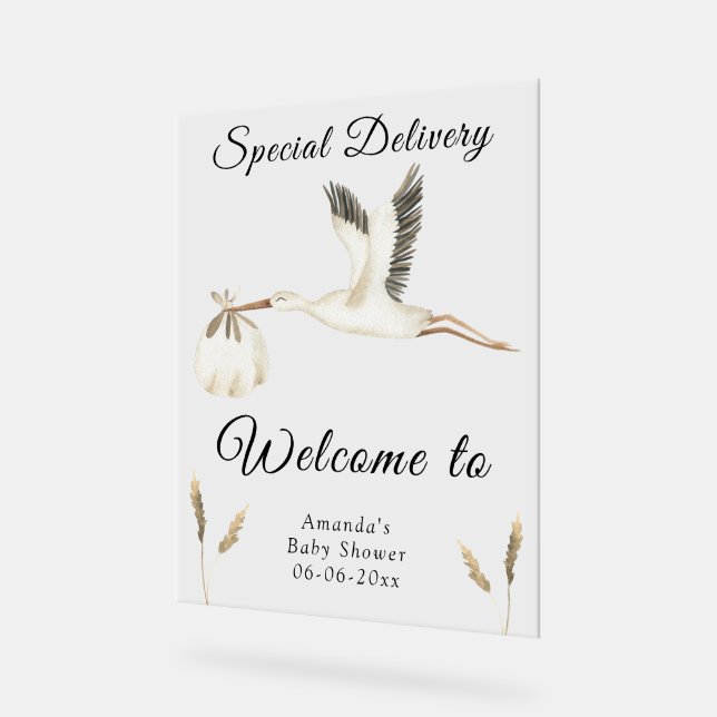 Watercolor Stork Baby Shower Welcome Acrylic Sign (Angle)