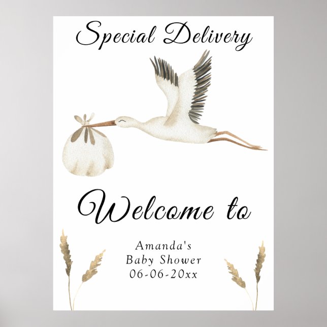 Watercolor Stork Baby Shower Welcome Poster (Front)