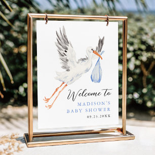 Watercolor Stork Blue Boy Baby Shower Welcome Poster