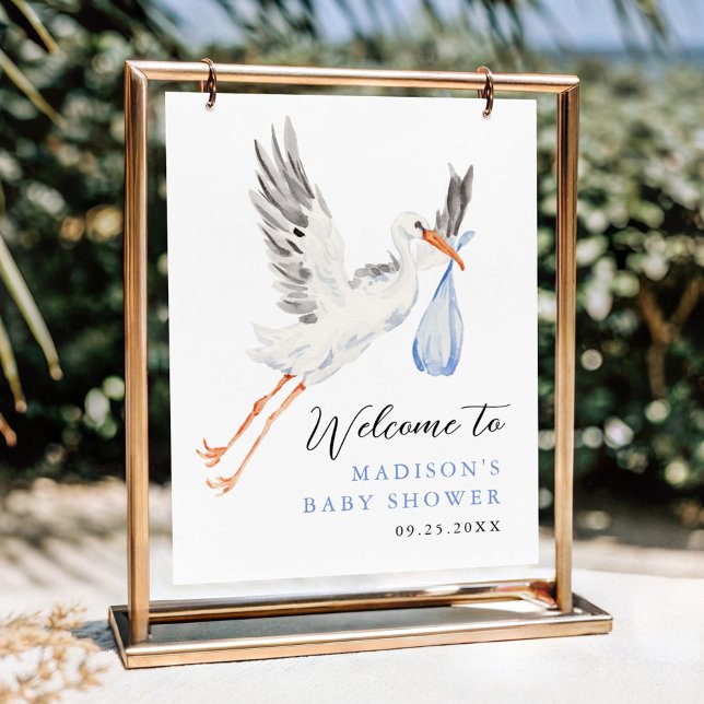 Watercolor Stork Blue Boy Baby Shower Welcome Poster (Creator Uploaded)