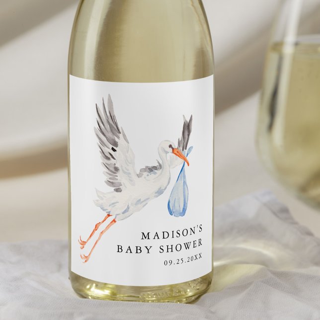 Watercolor Stork Blue Boy Baby Shower Wine Label (Creator Uploaded)