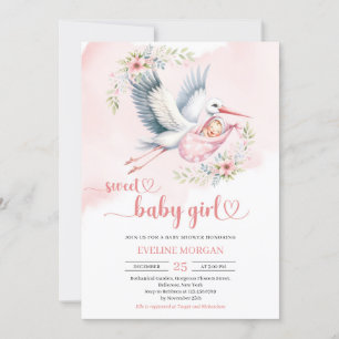 Watercolor stork delivery baby girl pink floral invitation