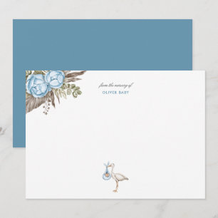 Watercolor Stork Floral Boy Baby Shower Card