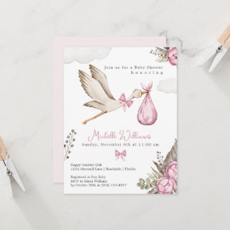 Watercolor Stork Girl Pink Baby Shower Invitation
