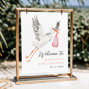 Watercolor Stork Pink Baby Shower Welcome Poster