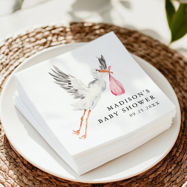 Watercolor Stork Pink Girl Baby Shower Napkin (Creator Uploaded)