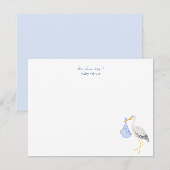 Watercolor Stork with Baby boy Thank You card (Front/Back)