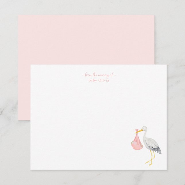 Watercolor Stork with Baby girl Thank You card (Front/Back)