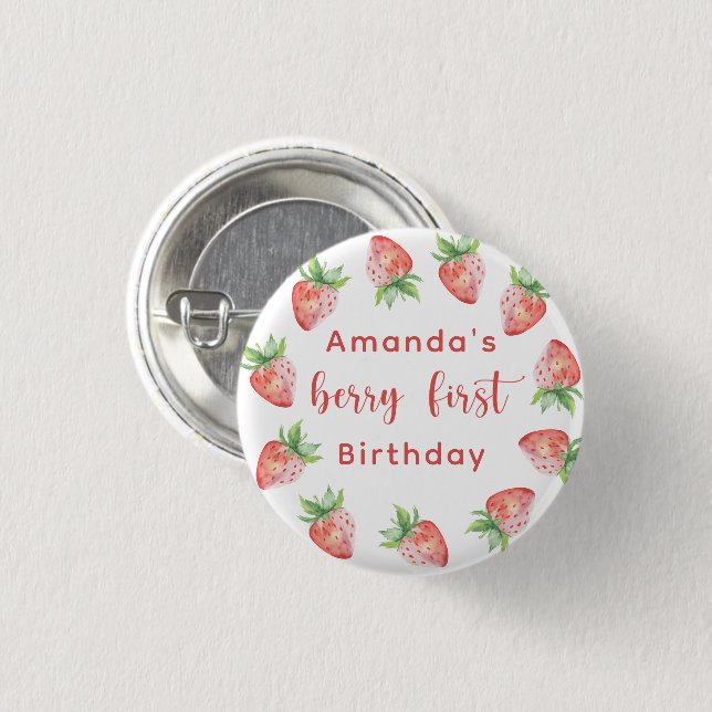 Watercolor strawberries 1st birthday party 3 cm round badge (Front & Back)