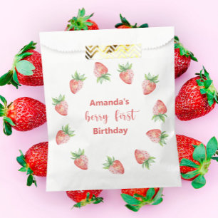 Watercolor strawberries 1st birthday party favour bags