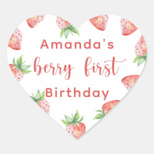 Watercolor strawberries 1st birthday party heart sticker