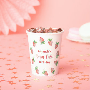 Watercolor strawberries 1st birthday party paper cups