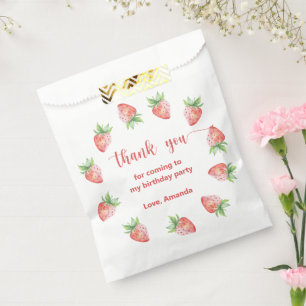 Watercolor strawberries 1st birthday thank you favour bags