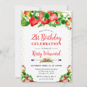 Watercolor Strawberries and Flowers 21st birthday Invitation