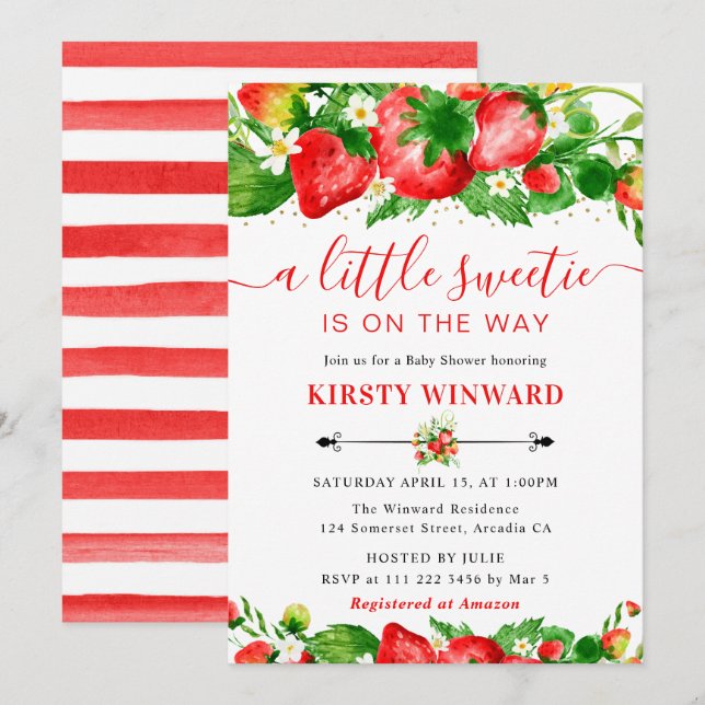 Watercolor Strawberries and Flowers Baby Shower Invitation (Front/Back)