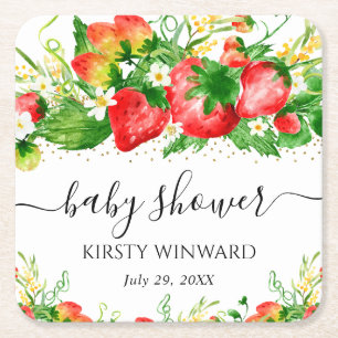 Watercolor Strawberries and Flowers Baby Shower Square Paper Coaster