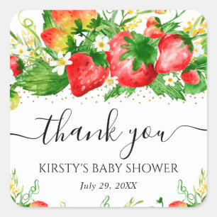 Watercolor Strawberries and Flowers Baby Shower Square Sticker
