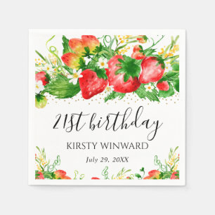 Watercolor Strawberries and Flowers Birthday Napkin