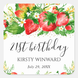 Watercolor Strawberries and Flowers Birthday Square Sticker