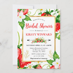 Watercolor Strawberries and Flowers Bridal Shower Invitation