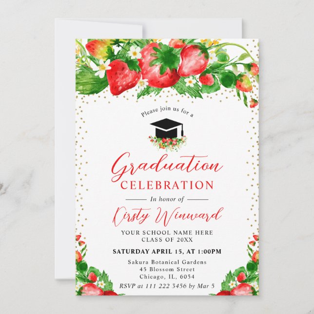 Watercolor Strawberries and Flowers Graduation Invitation (Front)
