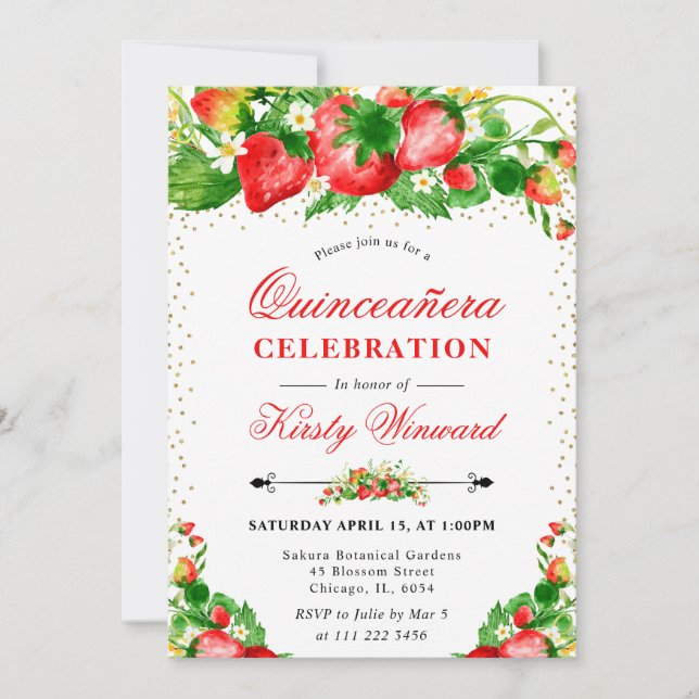 Watercolor Strawberries and Flowers Quinceanera Invitation (Front)