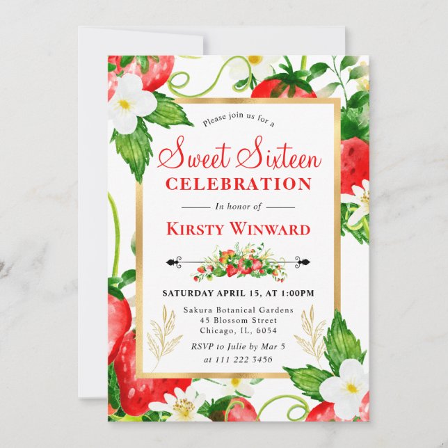 Watercolor Strawberries and Flowers Sweet 16 Invitation (Front)