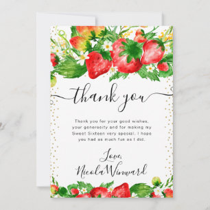 Watercolor Strawberries and Flowers Sweet 16 Thank You Card
