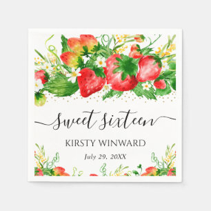 Watercolor Strawberries and Flowers Sweet Sixteen Napkin