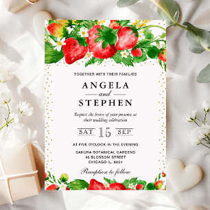 Watercolor Strawberries and Flowers Wedding Invitation