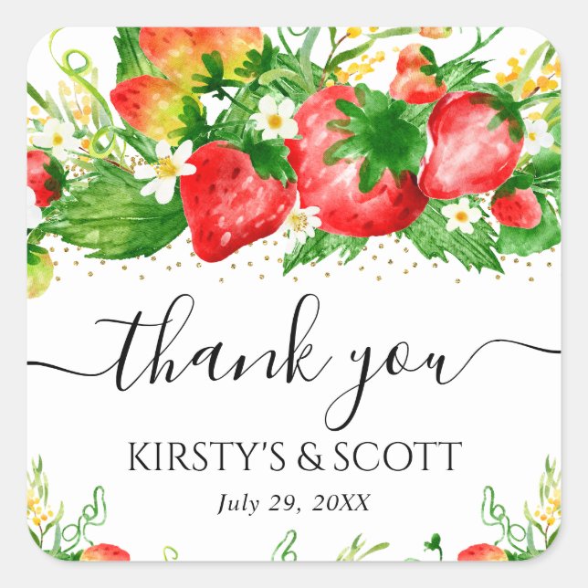 Watercolor Strawberries and Flowers Wedding Square Sticker (Front)