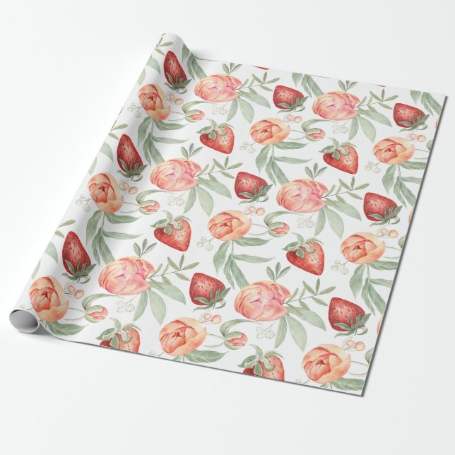 Watercolor Strawberries and Garden Flowers  Wrapping Paper (Unrolled)