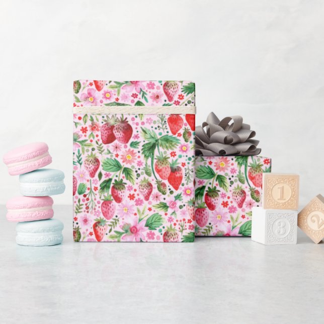 Watercolor Strawberries and Pink Florals Wrapping Paper (Baby Shower)