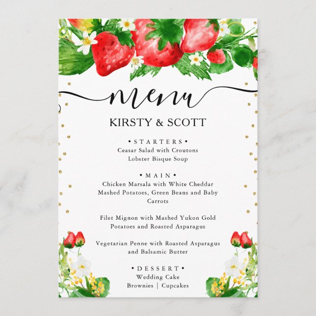 Watercolor Strawberries and White Flowers Wedding Menu (Front)