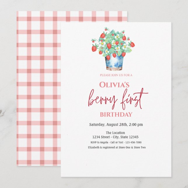 Watercolor Strawberries Basket Plaid 1st Birthday Invitation (Front/Back)