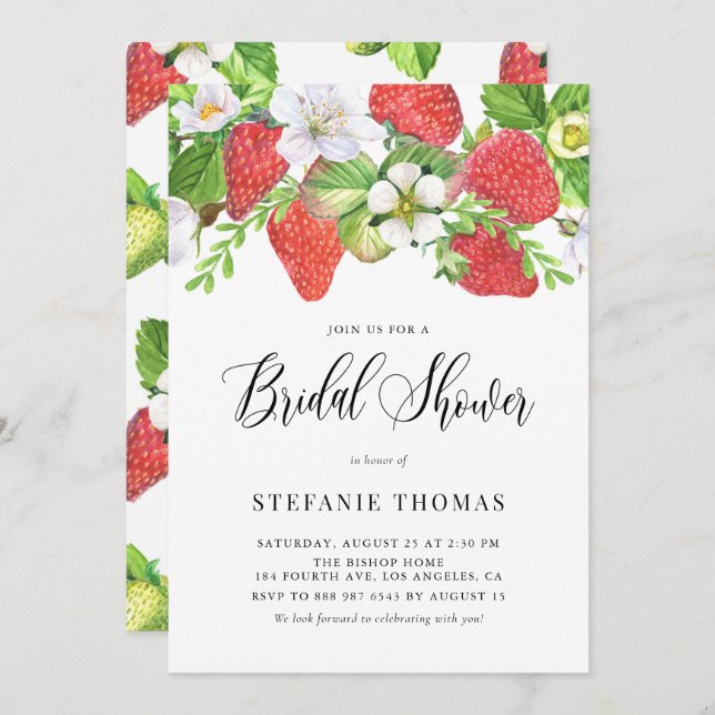 Watercolor Strawberries Botanical Bridal Shower Invitation (Front/Back)
