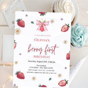 Watercolor Strawberries Bow Pink 1st Birthday Invitation