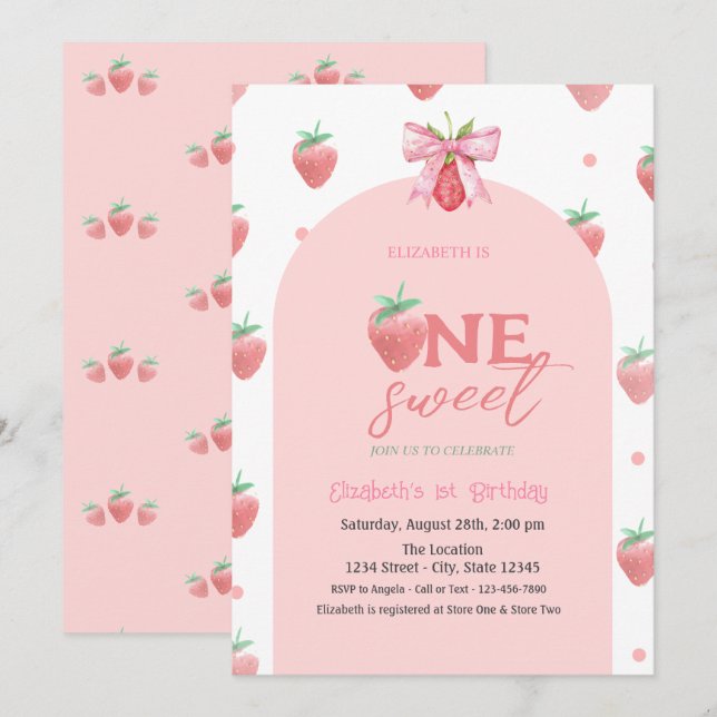 Watercolor Strawberries Bow Two Sweet 1st Birthday Invitation (Front/Back)