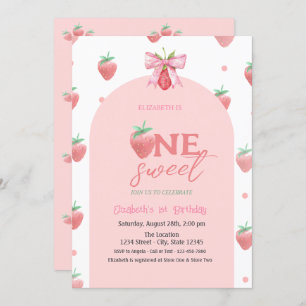 Watercolor Strawberries Bow Two Sweet 1st Birthday Invitation