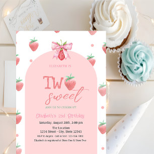 Watercolor Strawberries Bow Two Sweet 2nd Birthday Invitation