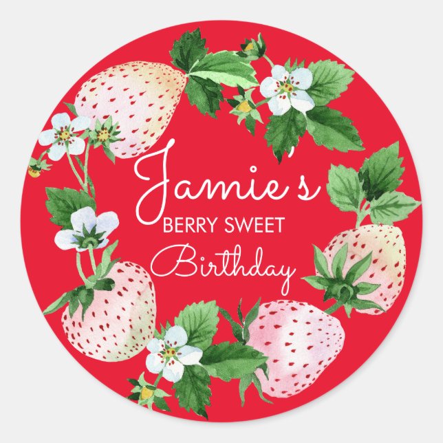 Watercolor Strawberries  First Birthday Party Red Classic Round Sticker (Front)