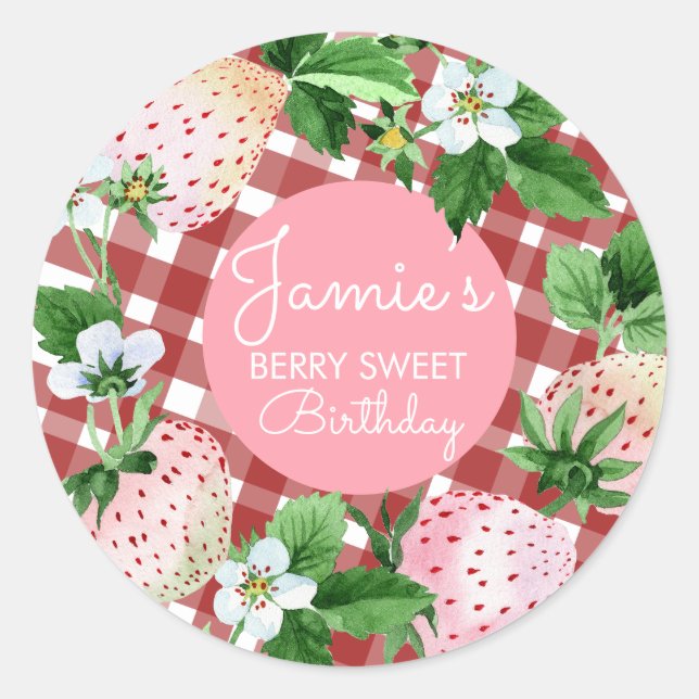 Watercolor Strawberries First Birthday Plaid B Classic Round Sticker (Front)
