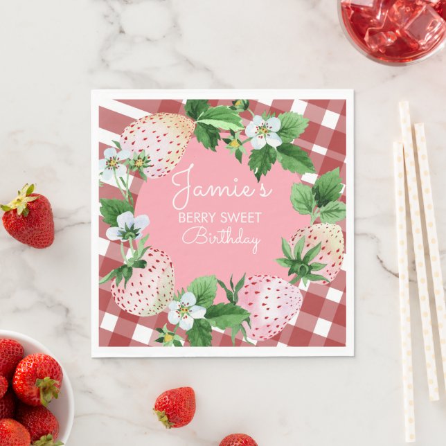 Watercolor Strawberries First Birthday Plaid Napkin (Insitu)