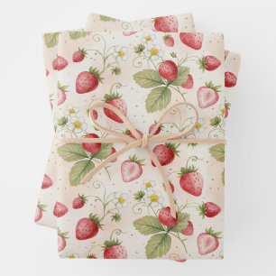 Watercolor Strawberries, Leaves and Flowers Wrapping Paper Sheet