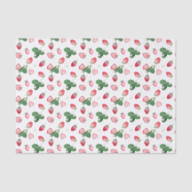 Watercolor Strawberries & Leaves Repeating Pattern Tissue Paper (Front)